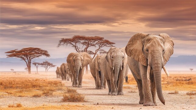 Majestic elephant matriarch guides her herd across African savanna at sunset
