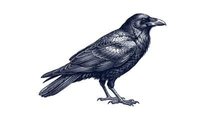 Obraz premium Detailed monochrome sketch of a perched raven with intricate feather patterns