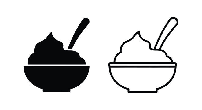 Two monochrome icons depicting bowls of creamy dessert with spoons