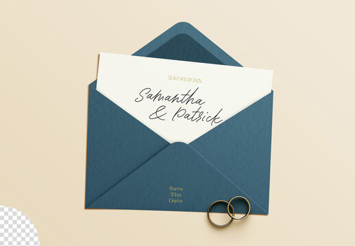 Envelope with Card Wedding Invitation Stationery Mockup with Rings Isolated