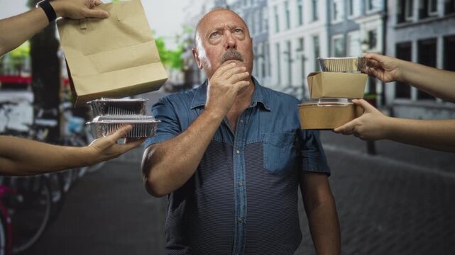 Man with takeout containers and hand to chin surrounded by hands offering foil trays and a paper bag on a street; indecision hunger.