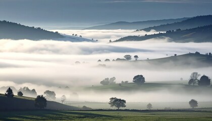 Naklejka premium Misty Landscape with Trees and Hills.
