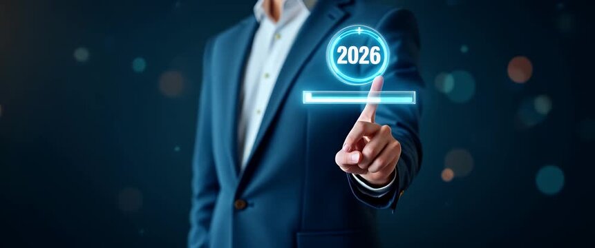 Business professional in a suit interacts with futuristic digital interface displaying 2026, as city lights flicker in the background, with a slow cinematic pan enhancing the high-tech ambiance.