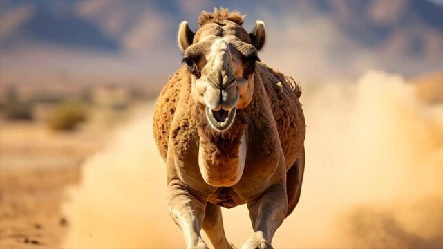 A running camel charges toward the viewer, kicking up dust in a desert landscape