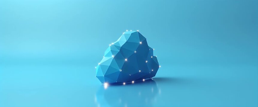 Geometric cloud icon gently rotates as the camera slowly pans, with ambient particles softly drifting around, creating a serene, digital-themed cinematic atmosphere.