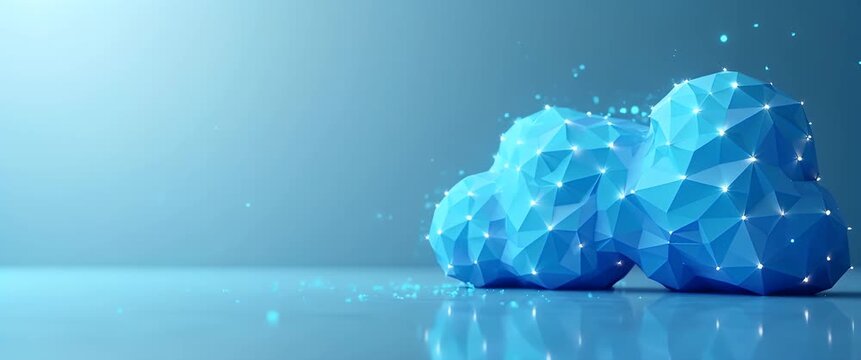 Low-poly geometric cloud rotates slowly in a serene digital space as ambient particles float gently, with a smooth cinematic camera pan revealing a futuristic, tech-inspired scene.