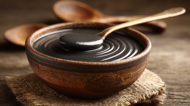 A rich swirl of black sesame paste in a rustic ceramic bowl with a wooden spoon, perfect for gourmet culinary creations.