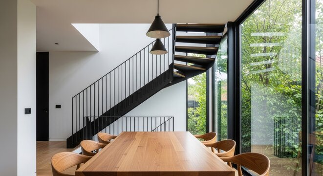 Modern dining room interior with a wooden table spiral staircase and large window