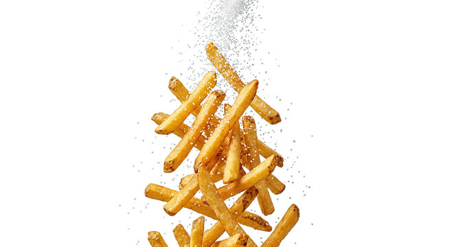 Crispy golden french fries falling with salt on white background