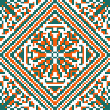 Geometric Thai pixel pattern mandala orange green seamless ornament graphic