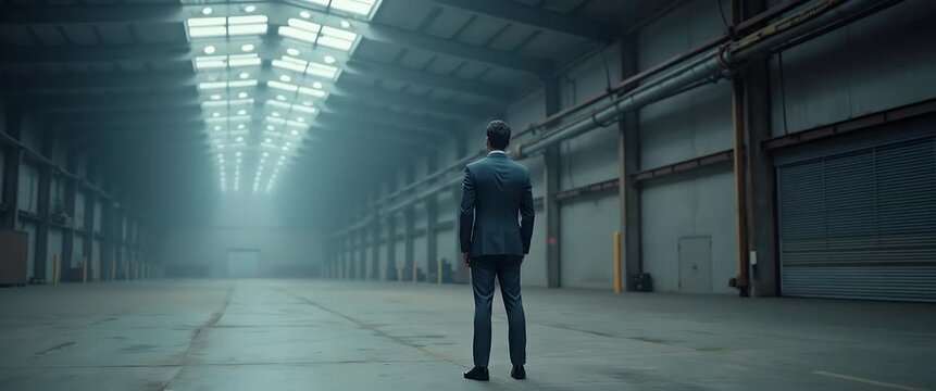 Businessman in a suit stands motionless in a vast, empty warehouse as the camera slowly pans, capturing ambient light flickering through skylights in a cinematic, industrial setting.