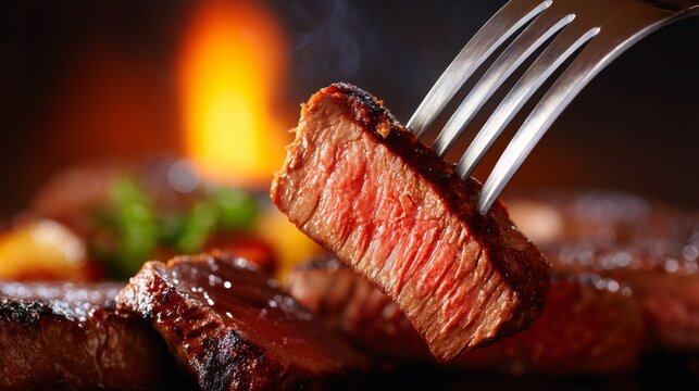 Juicy Grilled Steak Slice Lifted with Fork Against a Warm Fiery Background in an Inviting Culinary Setting