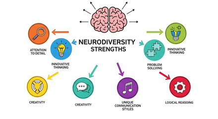 A colorful infographic highlighting the strengths of neurodiversity in a modern business setting