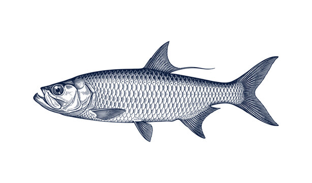 Detailed black and white tarpon fish illustration with distinct scales and fins