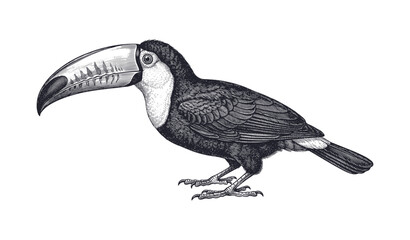 Obraz premium Intricate hand-drawn toucan illustration with detailed plumage and large beak
