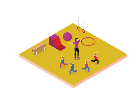 Children Gymnastics Class with Female Instructor and Sports Equipment 3d isometric vector illustration