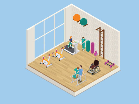 Physical Therapy Clinic Interior with Rehabilitation Equipment and Medical Staff 3d isometric vector illustration