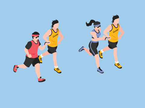 Visually Impaired Athletes Running with Sighted Guides Using Tether Straps 3d isometric vector illustration