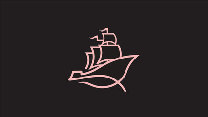 Fototapeta premium Pink sailing ship outline on black background