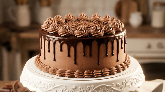 Elegant chocolate drip cake with smooth frosting swirls and glossy ganache on a decorative white stand, perfect for dessert, bakery, celebration, homemade, and gourmet food themes.