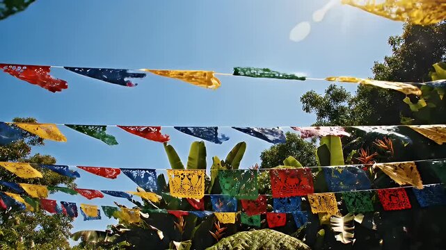 Colorful Mexican papel picado banners against bright blue sky