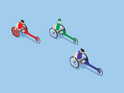 Wheelchair Racing  with Athletes in Professional Racing Wheelchairs 3d isometric vector illustration