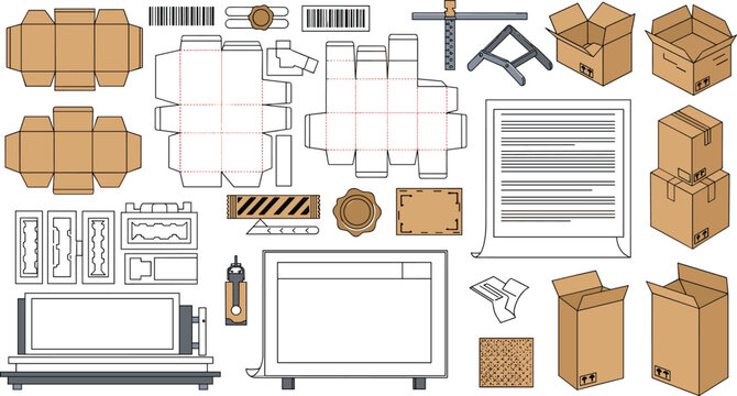 Cardboard packaging dieline template set with boxes labels barcodes shipping elements and mockups for product packaging design vector illustration