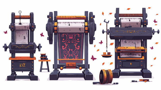 Illustration of three old-fashioned printing presses with fall-themed elements, vector style