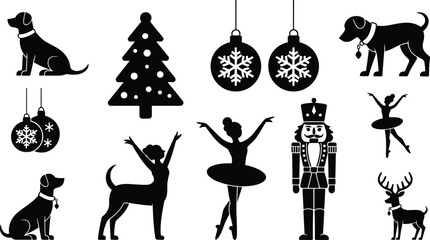 Christmas icons set black silhouette dog ballerina nutcracker tree ornament reindeer holiday vector illustration collection © Shafin