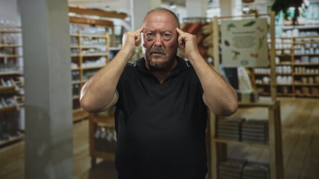 Man pressing temples with fingers and grimacing in a kitchenware store aisle among shelves of plates and jars; pain tension.