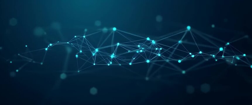 Abstract digital network nodes gently pulse and connect, as the camera slowly pans across a dark blue, futuristic background, creating a cinematic, high-tech ambiance.