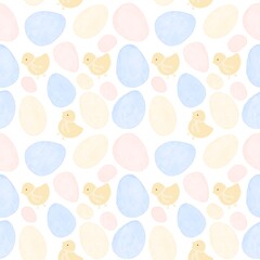 Watercolor Easter seamless pattern with chicks and pastel eggs, cute background © Koo Mari