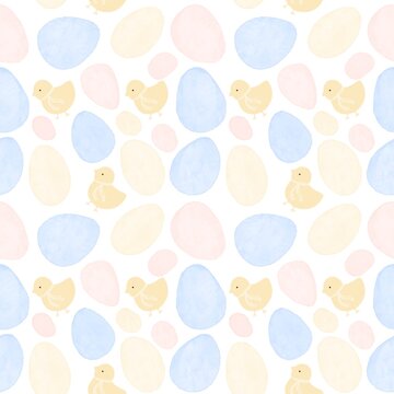 Watercolor Easter seamless pattern with chicks and pastel eggs, cute background