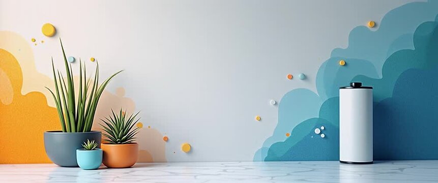 Minimalist wallpaper design featuring abstract visual elements inspired by renewable energy storage with broad empty space for academic overlays and digital infographics highlighting cutting edge batt