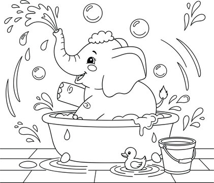 Cute elephant bathing coloring page outline cartoon animal in bathtub with bubbles kids activity book line art vector illustration