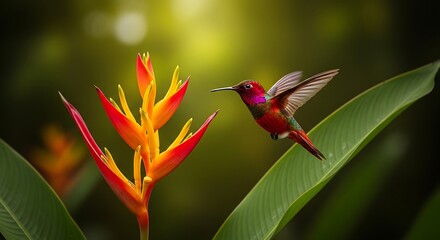 Fototapeta premium Hummingbird hovers near a vibrant orange and red heliconia flower