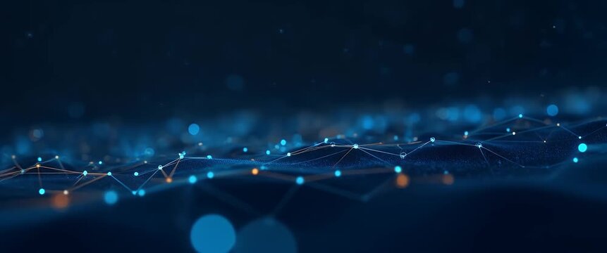 Abstract digital network landscape with glowing nodes gently pulsating, as the camera slowly pans across, creating a serene, cinematic atmosphere with ambient light motion.
