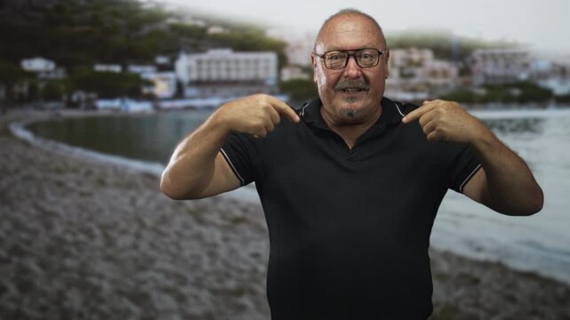 Man points both index fingers to chest while wearing black polo at a building by the shore; confidence affirmation.