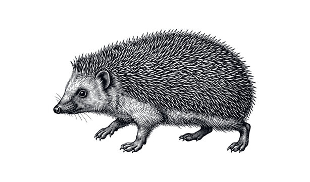 Detailed black and white hedgehog illustration with fine spiky texture