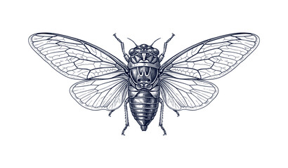 Detailed vintage cicada sketch with open wings displaying intricate anatomy