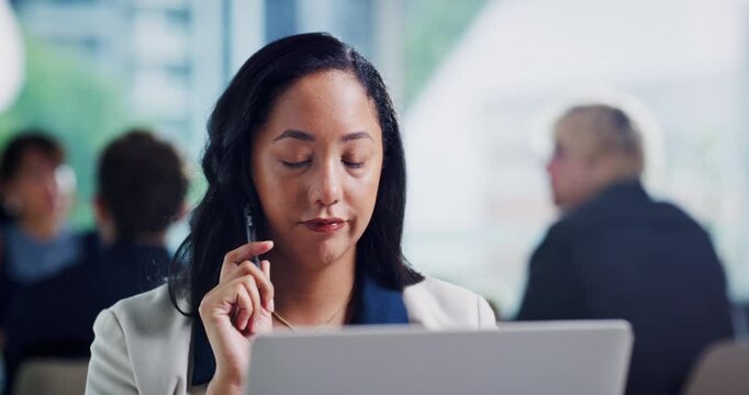 Business, woman and thinking with laptop in office for news report, headline decision and coworking. Media agency, journalist and tech with inspiration for story angle, copyright research and editing
