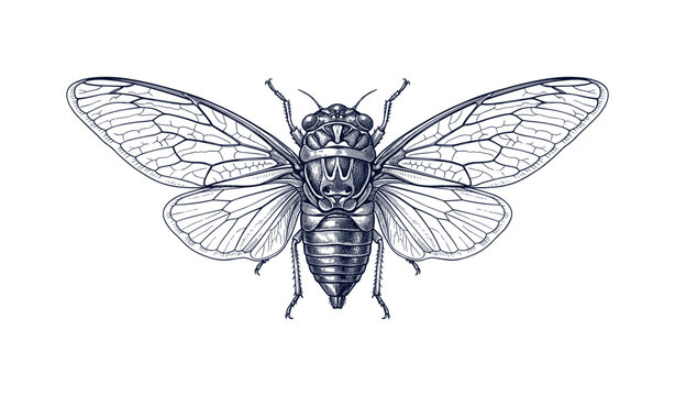 Detailed vintage cicada sketch with open wings displaying intricate anatomy
