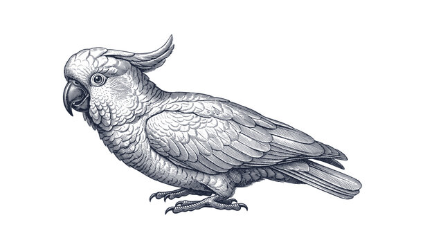Detailed vintage illustration of cockatoo in profile view