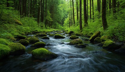 Fototapeta premium Forest river stream flowing water through moss covered rocks and lush green trees creating a fresh natural landscape scene
