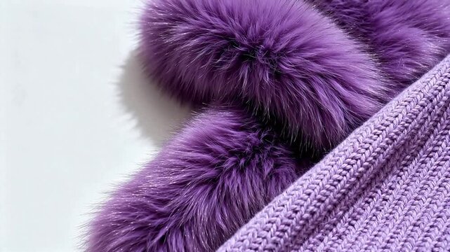 Purple fur and knitted fabric closeup