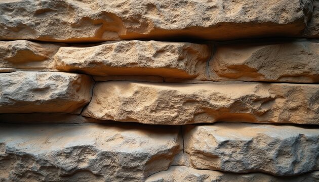 Textured stone wall layers display rough earth tones. Stacked rough hewn rock blocks form a natural surface pattern. Background for nature, geology or construction themes.