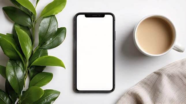 Overhead shot of a modern smartphone with a blank white screen, accompanied by coffee in a mug and lush green leaves. A tan cloth is also placed