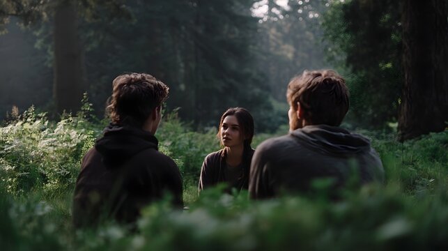 Three people conversing in a sun d d forest clearing surrounded by nature s tranquility