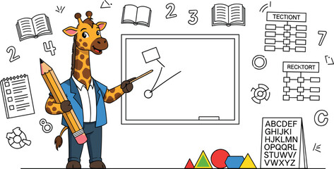 Giraffe teacher classroom illustration with chalkboard numbers alphabet and geometry shapes cartoon animal education concept vector design © Rumi