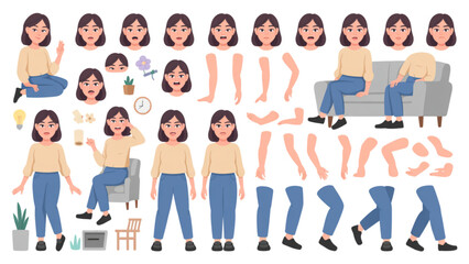 Obraz premium A collection of animated female characters showing various facial expressions and body parts in casual settings